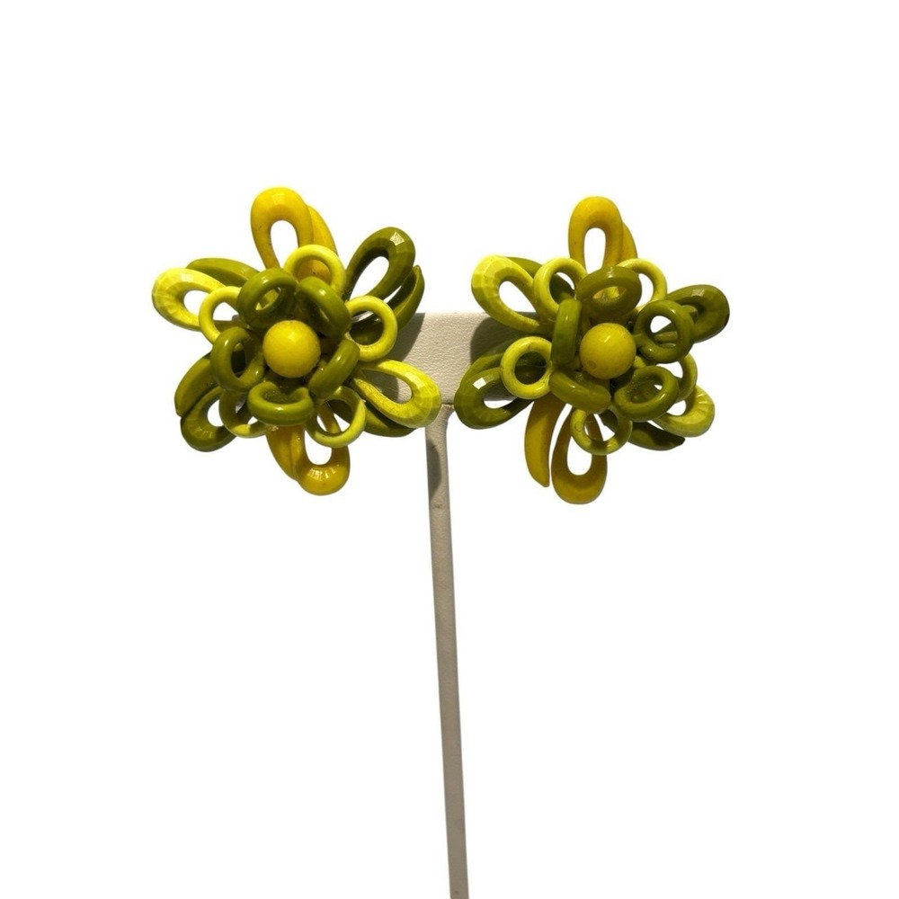 Vintage West Germany Yellow Green Molded Celluloid Floral Clip On Earrings